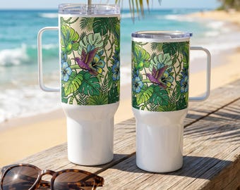 Kolibri Reisebecher 25 und 40 Unzen, tropischer Blumenbecher mit Griff und Strohhalm, Dschungelvogel Thermobecher, Sommer-Strandgeschenk