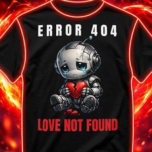Puede incluir: Camiseta negra con un robot triste sosteniendo un corazón roto. El texto "ERROR 404" está encima del robot y "LOVE NOT FOUND" debajo. El diseño tiene un estilo de arte digital con un fondo de fuego.