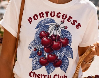 Portuguese Cherry Club Shirt, Portugal Vacation Tee, Cherry Graphic T Shirt, Euro Summer Outfit, Lisbon Travel Shirt, Cute Fruit Tee