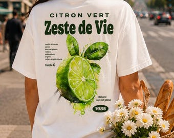 フレンチライムグラフィックTシャツ、プロヴァンスマーケットシトラスTシャツ、水彩画風バックプリント