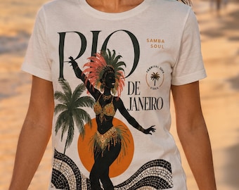 リオサンバダンサーグラフィックTシャツ、レディーストロピカルカーニバルシャツ、ブラジルバケーションアパレル