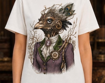 スチームパンク孔雀Tシャツ、機械仕掛けの鳥のグラフィックTシャツ、ビクトリアンアートシャツ、ゼンマイ仕掛けの孔雀Tシャツ、身に着けられるアートギフト