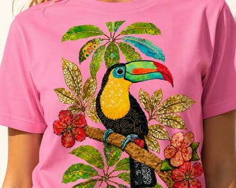 Tukan Vogel T-Shirt für Frauen, Tropisches botanisches Hemd, buntes Dschungelvogel T-Shirt, Costa Rica Urlaub Outfit, Naturliebhaber Geschenk