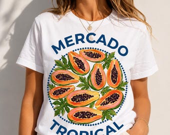 Mercado Tropisches Papaya-Shirt, Tropisches Frucht-Grafik-T-Shirt, Sommerferien-T-Shirt, mediterraner Markt-T-Shirt, Bio-Baumwoll-Damenhemd