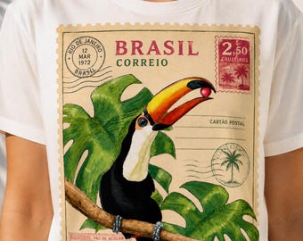 Brasilien Toucan Vintage Stempel T-Shirt, Tropischer Urlaub Shirt, Brasilien Reise T-Shirt, Rio de Jaeaner Ästhetik, Sommerresort Outfit
