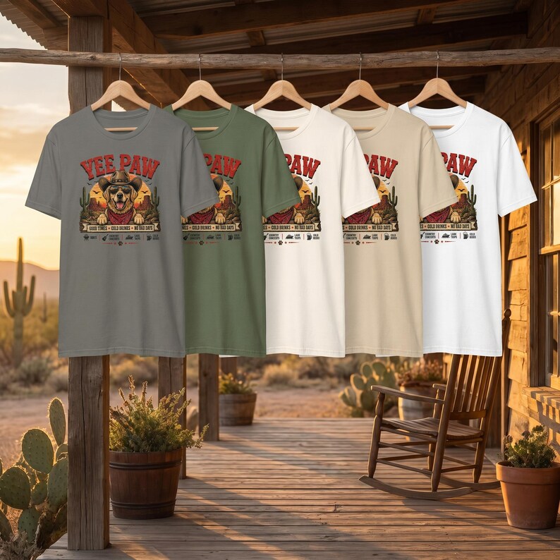 K&ouml;nnte beinhalten: F&uuml;nf kurz&auml;rmelige T-Shirts in verschiedenen Farben: Grau, Olivgr&uuml;n, Off-White, Beige und Wei&szlig;. Jedes Shirt zeigt eine Grafik eines Hundes mit Cowboyhut und dem Text "Yee Paw". Die Shirts h&auml;ngen an Holzkleiderb&uuml;geln.