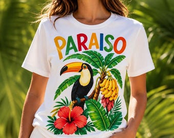 Paraiso Tropisches Tukan-Shirt, Urlaubs-Grafik-T-Shirt, Tropisches Paradies-T-Shirt, Sommer-Strand-Outfit, Resort-Kleidung, buntes Urlaubs-Shirt