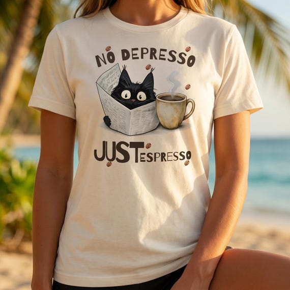 Funny Coffee Cat Shirt, No Depresso Just Espresso, Black Cat Lover Tee