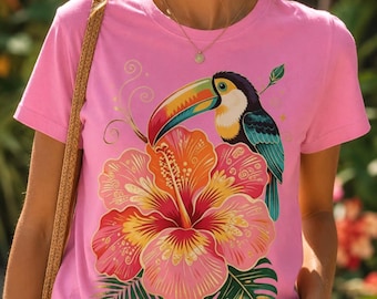 Tropisches Tukan-Hibiskus-T-Shirt, Hawaii-Urlaubs-T-Stück, Tropischer Vogel-T-Shirt, Strand-Urlaubs-Outfit, Erholungsort-Abnutzung, Sommer-Grafik-T-Stück Geschenk