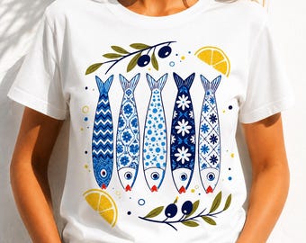 Azulejo Fisch Grafik-T-Shirt, Amalfiküsten-Reise-Shirt, Sardinen-Shirt, Mittelmeer-T-Shirt, Euro-Sommerurlaub-Outfit
