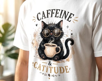Schwarze Katzen-Kaffee-Hemd, lustiges Koffein Catitude Graphic Tee