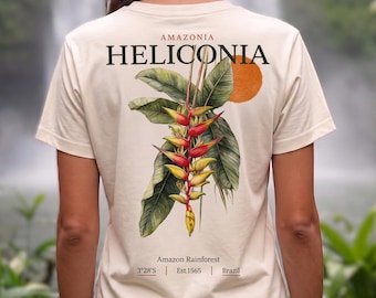 レディース ヘリコニア バックプリント Tシャツ、オーガニックコットン ボタニカルTシャツ、アマゾン熱帯雨林シャツ