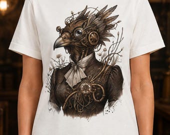 スチームパンクバードTシャツ、メカニカルバードグラフィックTシャツ、ヴィクトリアンゴシックシャツ、ダーククロックワークアートTシャツ、ウェアラブルアートギフト