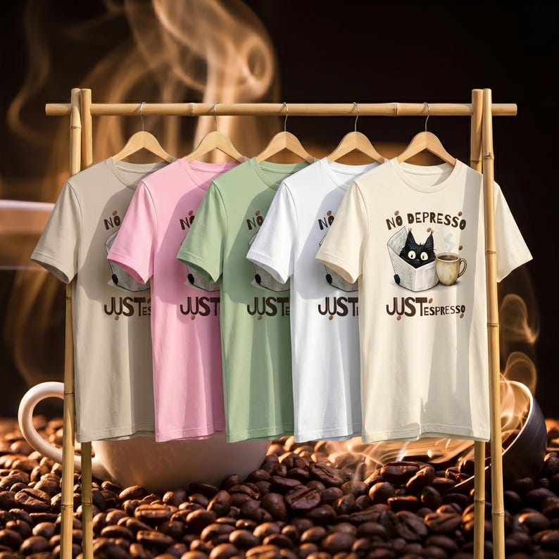 May include: A bamboo clothing rack displays five short-sleeved t-shirts in beige, pink, green, white, and cream. Each shirt has the text "NO" above "JUST" in a bold font. The cream shirt features a black cat in a box with the text "NO DEPRESSO JUST ESPRESSO".