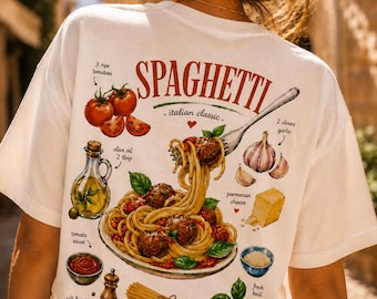 Spaghetti Rezept Shirt, Pasta Liebhaber Geschenk, Italienisches Feinschmecker T-Shirt, Back Print Shirt, Koch Geschenk, Food Lover Shirt, Kochen T-Shirt