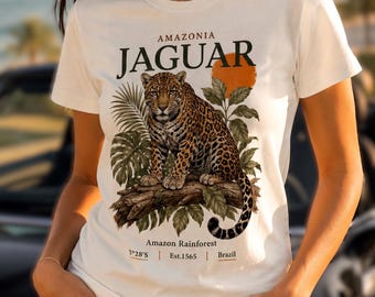 アマゾンジャガーシャツ、レディースグラフィックTシャツ、ブラジル熱帯雨林Tシャツ、植物と野生動物のシャツ、熱帯自然Tシャツ