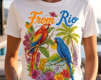 リオ・トロピカル・パロットTシャツ（女性用）、オーガニックコットン製、ブラジル製グラフィックTシャツ
