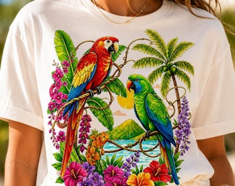 Tropisches Papageien-Shirt für Frauen, buntes Vogel-Grafik-T-Shirt, Urlaubs-Shirt, Sommer-Resort-Abnutzung, tropische Blumen-T-Shirt