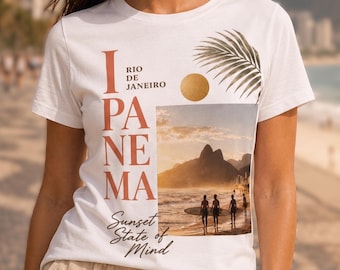 イパネマの夕日グラフィックTシャツ、リオデジャネイロのバケーションビーチシャツ