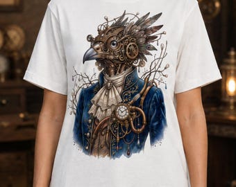 スチームパンクバードTシャツ、メカニカルバードグラフィックTシャツ、ヴィクトリアンゴシックアートシャツ、クロックワークウェアラブルアート、ブルーアビエーションTシャツ