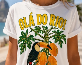 Papaya Tukan Tropisches T-Shirt, Brasilien inspiriertes Urlaubs-T-Shirt, Buntes Sommervogel-Shirt, Rio-Reiseästhetik, Tropisches Frucht-Grafik-T-Shirt