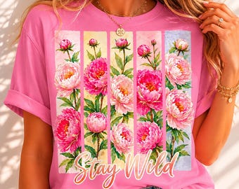 Pink Peony Wildflower Shirt, Stay Wild Floral Tee, Cottagecore Flower T-Shirt, Feminine Botanical Graphic Tee, Soft Girl Summer Top