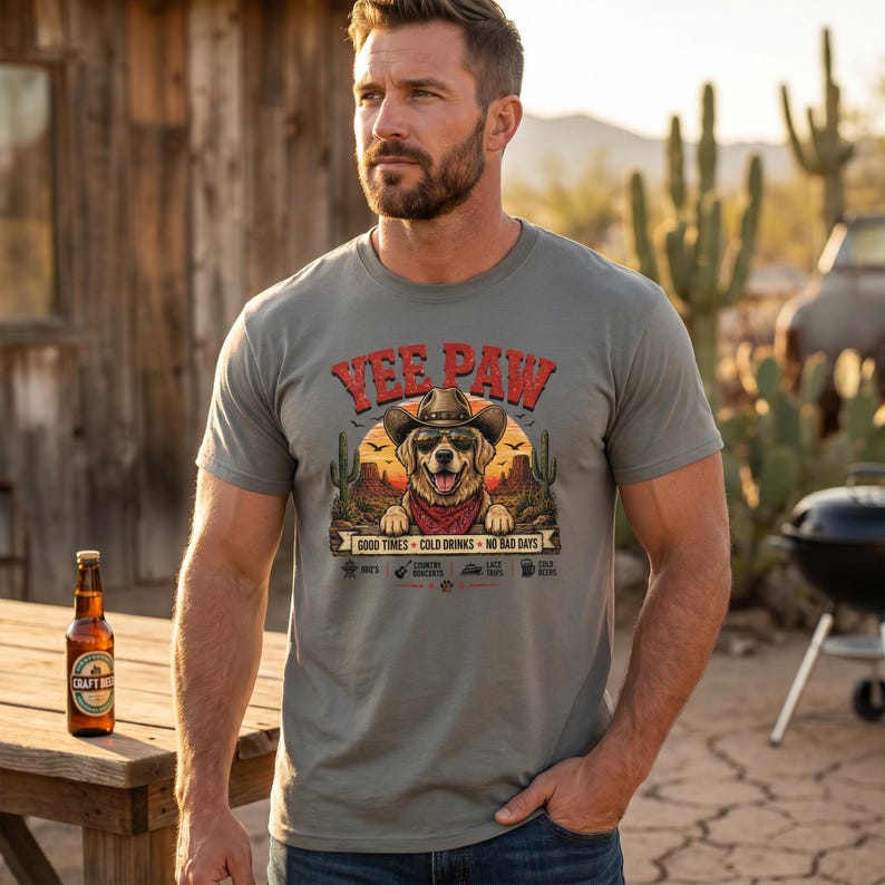 K&ouml;nnte beinhalten: Graues T-Shirt mit einem Aufdruck eines Hundes mit Cowboyhut und Halstuch, mit dem Text "Yee Paw". Das Shirt hat auch den Text "Good Times + Cold Drinks = No Bad Days". Eine Bierflasche steht auf einem Holztisch.