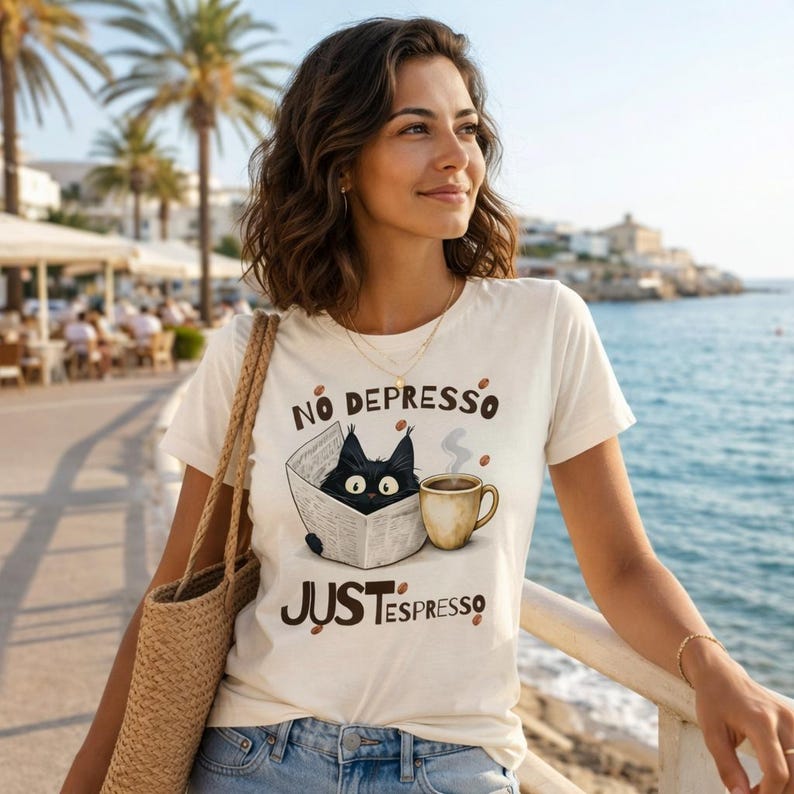 May include: Cream-colored t-shirt with the text "No Depresso Just Espresso" and a graphic of a black cat reading a newspaper next to a coffee cup. The shirt is being worn by a person outdoors.
