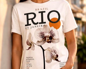 リオオーキッドボタニカルグラフィックTシャツ、ブラジルトロピカルリゾートウェアシャツ