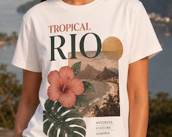 トロピカルリオグラフィックTシャツ、ボタニカルビーチシャツ、オーガニックコットンリゾートウェア