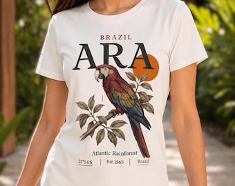 ブラジル産コンゴウインコTシャツ、トロピカルバード柄オーガニックコットンTシャツ、バケーションアパレル
