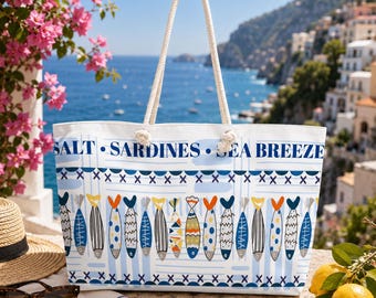 Küsten Weekender Tasche, Sardine Strandtasche, Euro Sommer Reisetasche, Mittelmeer Urlaubs Tasche, Nautische Reisetasche, Wochenende am Meer