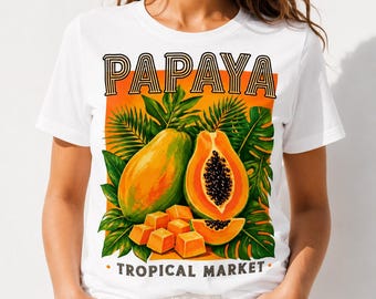Papaya Tropischer Markt Shirt, Tropisches Frucht Grafik T-Shirt, Sommer Ferien T-Shirt, Tropisches Markt Shirt, Resort Wear, Strand Reise T-Shirt