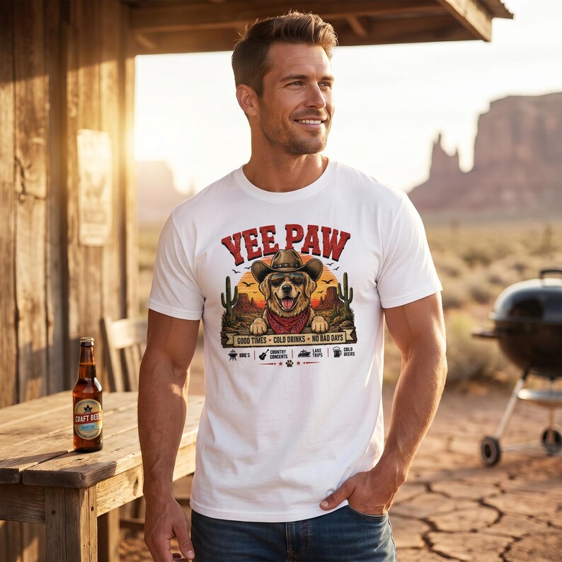 K&ouml;nnte beinhalten: Wei&szlig;es T-Shirt mit einem Aufdruck eines Hundes mit Cowboyhut und Halstuch, mit dem Text "Yee Paw". Das Design umfasst Kakteen und die S&auml;tze "Good Times, Cold Drinks, No Bad Days". Eine Bierflasche steht auf einem Holztisch.