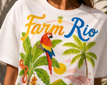 Bauernhof Rio inspiriert Tropisches T-Shirt, entspanntes Grafik T-Shirt, Euro Sommerferien Shirt, botanisches Strand T-Shirt, Bio-Baumwolloberteil