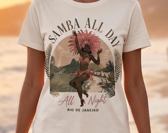 リオのサンバダンサーのグラフィックTシャツ、ヴィンテージのトロピカルなブラジルのバケーションシャツ