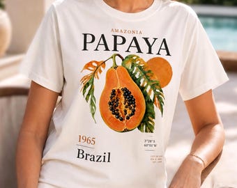 パパイヤ柄Tシャツ、オーガニックコットンボタニカルブラジルTシャツ