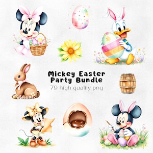 May include: A collection of watercolour illustrations featuring Mickey and Minnie Mouse, Donald Duck, and a bunny, all with an Easter theme. The image includes Easter eggs, flowers, and a wooden barrel. Text reads "Mickey Easter Party Bundle" and "79 high quality png."