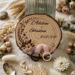 Porte-alliances bois personnalisé, Graveur Mariage Champêtre, Tranche de bois gravée Prénoms et Date, Décoration Mariage Nature Bohème