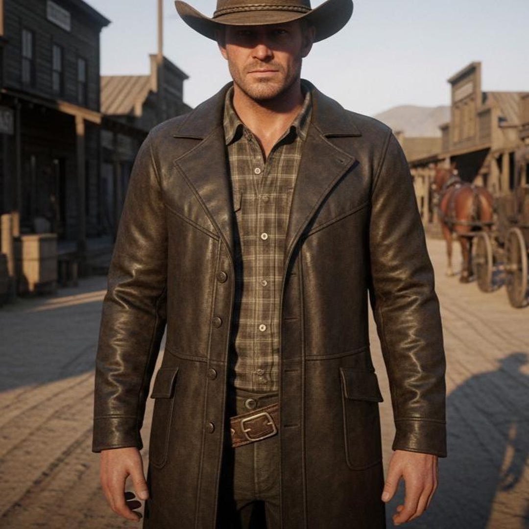 Men's Brown Leather Western Trench Coat, Vintage Cowboy Ranch Style ...