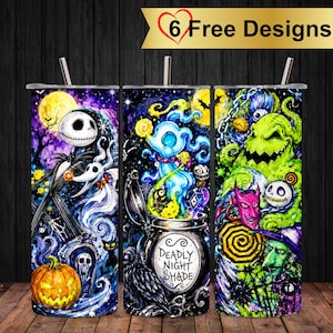 Puede incluir: Tres vasos cilíndricos con pajitas que presentan gráficos coloridos de personajes de Pesadilla antes de Navidad. Los diseños incluyen a Jack Skellington, Zero, Oogie Boogie y una botella con la etiqueta Deadly Night Shade sobre un fondo oscuro.