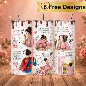 May include: Three cylindrical tumblers with lids and straws, featuring a white background with brown chocolate drip patterns at the top. The tumblers display illustrations of a person in various poses, pink flowers, hearts, and Spanish text.