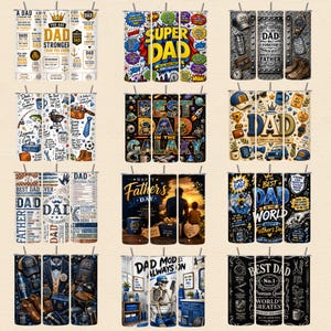 May include: A collection of twelve cylindrical tumblers featuring various graphic designs centered on fatherhood themes. Each tumbler displays unique illustrations, including comic book styles, space motifs, tools, clothing, and text such as Super Dad.