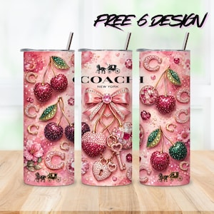 Pink Cherry Tumbler-Folie (PNG) | Luxuriöses, glamouröses Design für schmale 20-oz-Becher im Sublimationsdruckverfahren | Strass-Kirsch-Folie | Digitaler Download