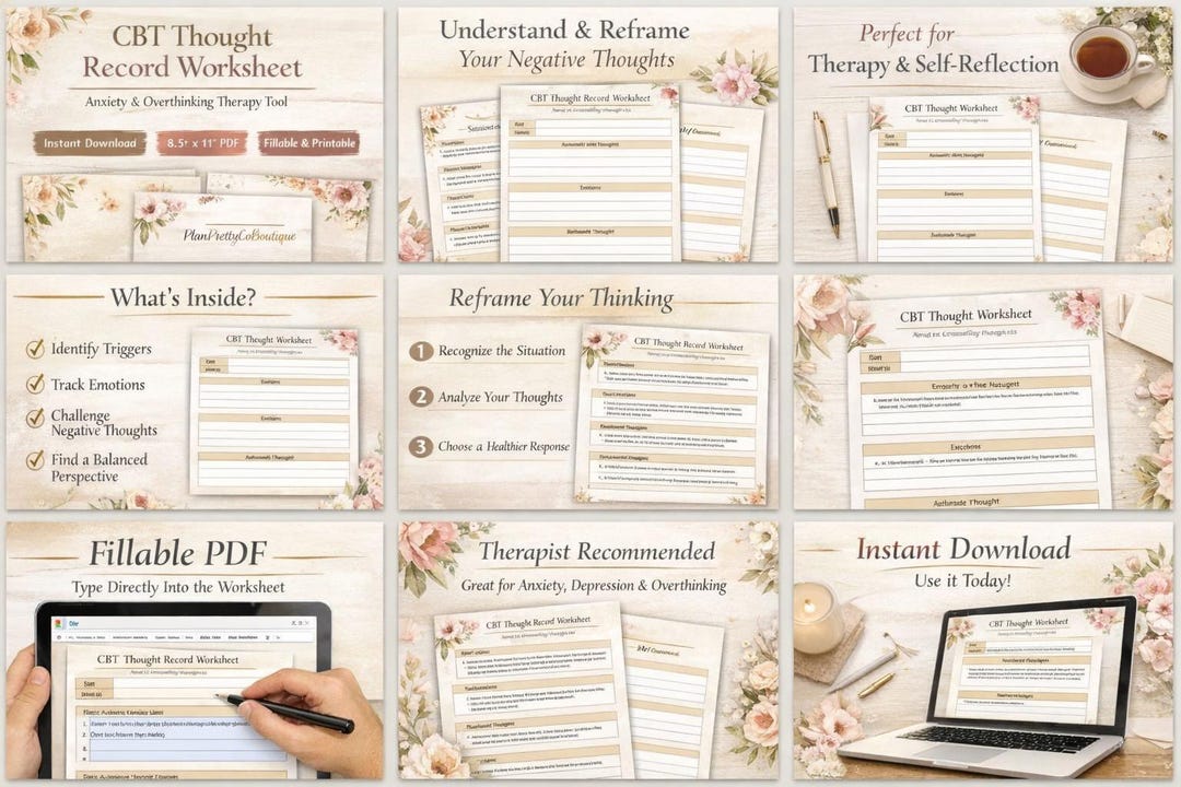 CBT Thought Record Worksheet, Anxiety Therapy Tool (fillable PDF) - Etsy