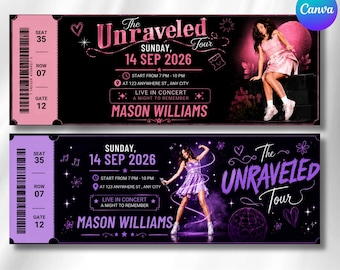 Peut inclure: Un modèle de billet de tournée modifiable présentant deux designs pour The Unraveled Tour de Mason Williams le 14 septembre 2026. Le billet du haut est noir et rose avec un artiste, celui du bas est violet et noir avec un artiste.