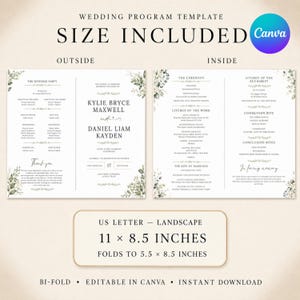 Puede incluir: Una plantilla de programa de boda que muestra el exterior y el interior con detalles florales. El texto incluye los nombres Kylie Bryce Maxwell y Daniel Liam Kayden, el orden de la ceremonia y unas dimensiones de 27,9 por 21,6 cm, plegable a 14 por 21,6 cm.