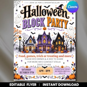 May include: A Halloween block party flyer featuring the text JOIN US FOR A SPOOKTACULAR HALLOWEEN BLOCK PARTY, Food, games, trick or treating and more, PLEASE BYO DRINKS & A SIDE TO SHARE, FOR MORE INFO CONTACT STELLA (555) 123 456, SATURDAY OCTOBER 17TH, 4PM - 8PM, FORESTSIDE DRIVE BETWEEN SMITH & HALL ST. The design includes three houses, ghosts, bats, pumpkins, and trees on a white background.