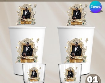 Peut inclure: Gobelets en papier blancs et verres à shot avec une image encadrée en or d'un homme, entourée de billets de banque. Le texte "Henry Steven BIRTHDAY 2" est affiché. L'image comprend également le logo Canva et le texte "EDITABLE GOLD BIRTHDAY CUP SHOT GLASS STICKER TEMPLATE".