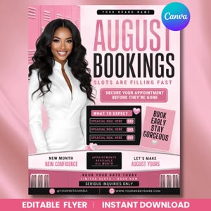 Flyer de reservas para agosto, Modelo de flyer de reservas para agosto, Reservas abertas, Modelo editável do Canva com disponibilidade para agosto, Cabelo e perucas para a volta às aulas